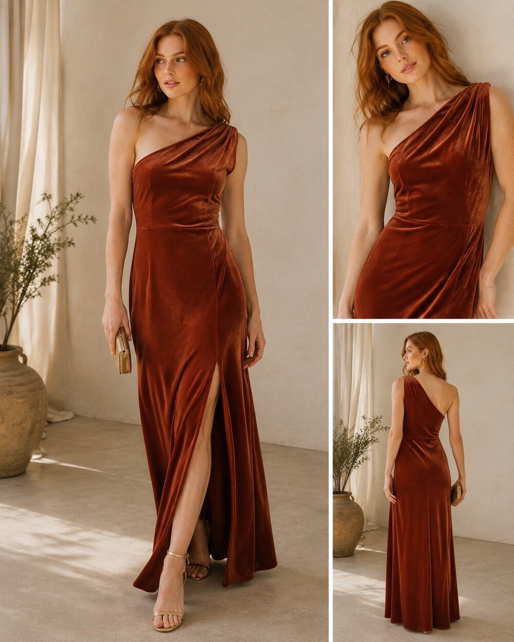 Birdy Grey Orange Rust One Shoulder Velvet Dress Size Large Bridal